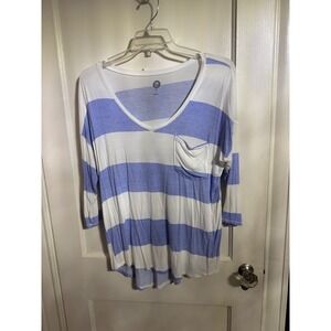 SO blue & white striped V neck relaxed three-quarter sleeve T-shirt
size‎ L